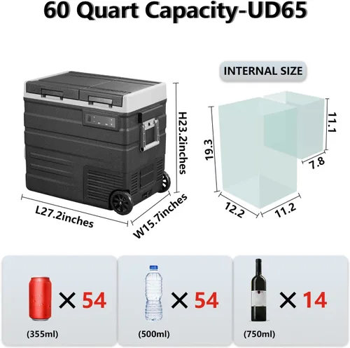 Vista 2 de Alpicool UD65 - Congelador portátil con ruedas para automóvil con compartimentos dobles, refrigerador de coche de 12 voltios, refrigerador