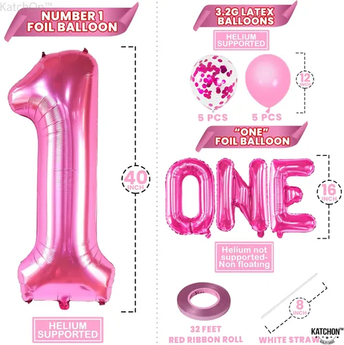 Vista 2 de KatchOn, Globos rosa intenso con el número 1 para el primer cumpleaños, 40 pulgadas, paquete de 12, globos rosa con el número 1, decoraciones