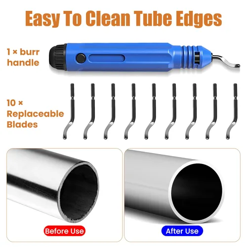 Vista 4 de Herramienta de desbarbado con 10 cuchillas de acero de alta velocidad, herramienta de desbarbado de tubería flexible con cuchillas giratorias, mango