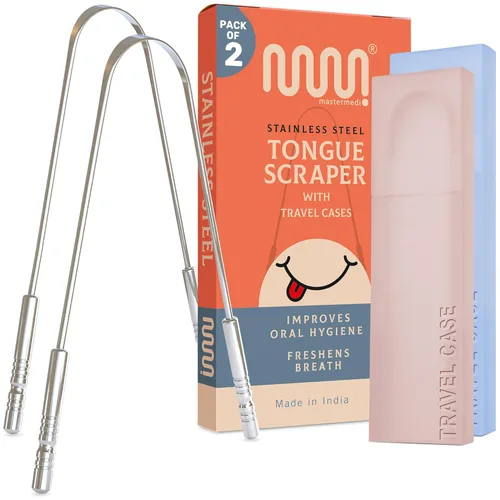 MasterMedi Tongue Scraper for Adults with Multicolor Travel Cases (2 Pack), 100% Stainless Steel, Reduce Bad Breath, Tongue Scrubber, Easy to Use,