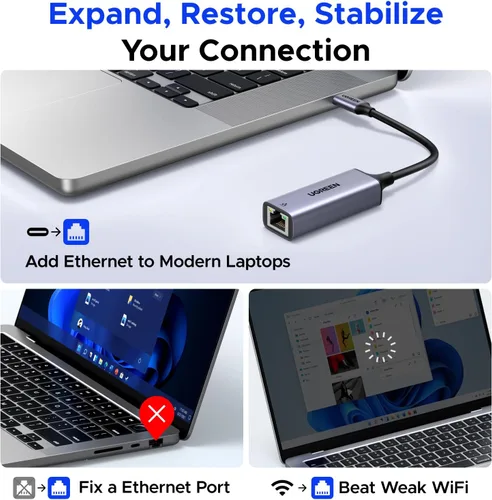 Vista 4 de UGREEN Adaptador USB C a Ethernet, 1000 Mbps, RJ45, sin controlador, compatible con Windows, MacOS, iPadOS, ChromeOS, Android, portátil, tableta Gris