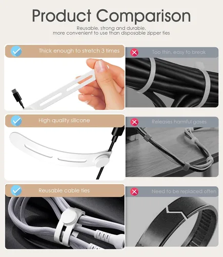 Vista 3 de 20 unidades de bridas reutilizables para cables Nearockle, bridas ajustables de silicona para organizar cables pequeños, bridas de cierre