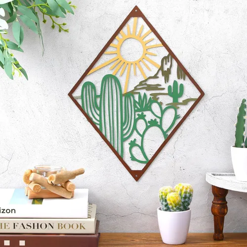 Vista 3 de Therwen Decoración de pared de cactus de metal con temática natural, decoración moderna de cactus de verano para oficina, hogar, sala de estar