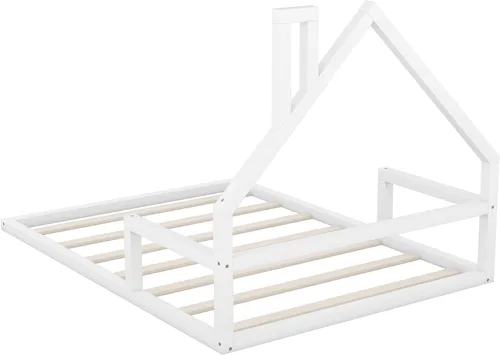 Vista 26 de P PURLOVE Base de cama de tamaño matrimonial con cabecera en forma de casa, plataforma de madera para casa, cama de tamaño matrimonial con soporte