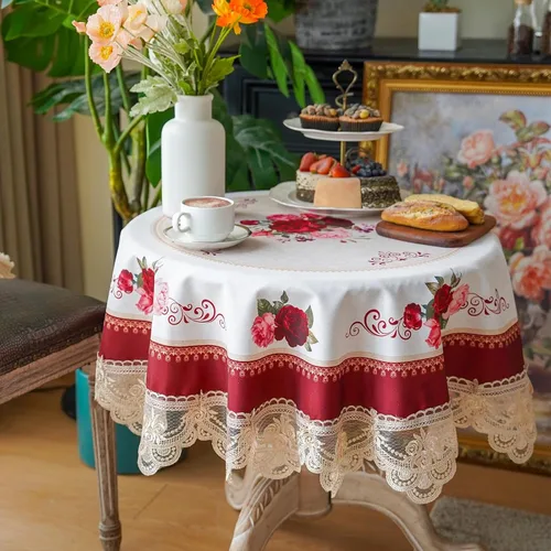Vista 2 de SUTAVIA Mantel de Mesa Bordado con Encaje, Cubierta de Mesa Rectangular Estilo Granja, Mantel de Macramé Clásico Oblongo con Decoración Floral