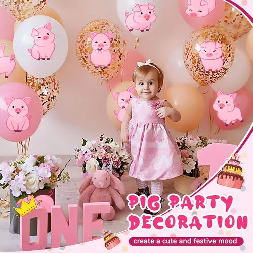 Vista 5 de Jecery Decoración de fiesta de cumpleaños con estampado de cerdo, letreros de puerta con temática de animales de granja, carteles de recortes