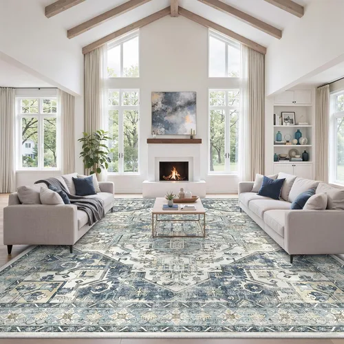 Vista 131 de zesthome Alfombras de área de 5 x 7, lavables a máquina, para sala de estar, dormitorio, resistentes a las manchas, vintage, de gran área, Beige