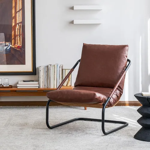Sillón cómodo para sala de estar de 27.56 pulgadas de ancho, sillón de estilo vintage, con cojín de cuero marrón profundo y marco de metal.