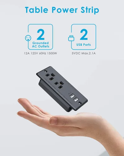 Vista 2 de Tira de enchufes empotrada con 2 USB, cable de extensión ultra delgado de enchufe plano, estación de carga para muebles de escritorio para mesa