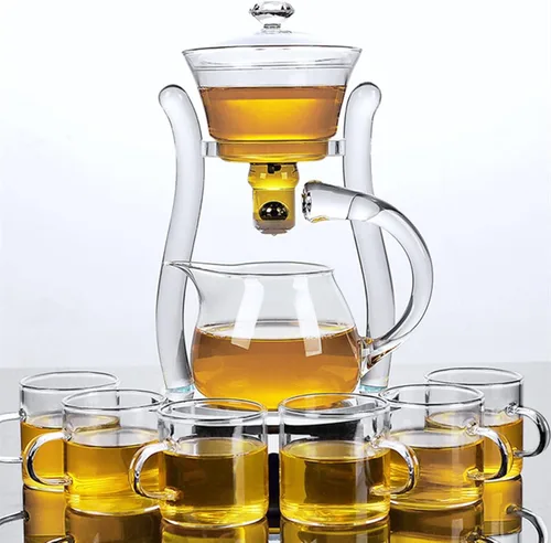 Vista 9 de MOZEO Lazy Kungfu Tetera de vidrio semiautomática tetera succión automática tetera de preparación de agua Oficina Flor Juego de té de vidrio