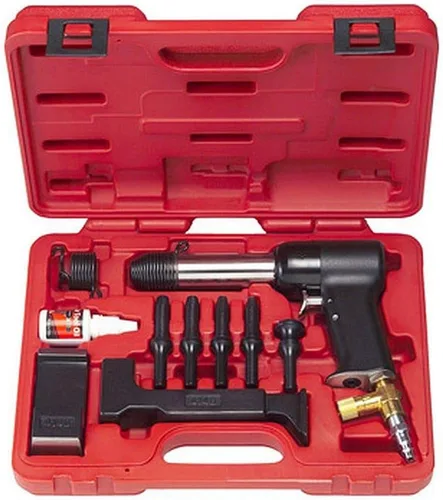 Kit de martillos de aire 3 para remaches sólidos. Viene con 2 barras de perforación, 4 puntas universales con copas (3/32, 1/8, 5/32 y 3/16), una