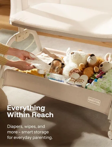 Vista 7 de HARPPA Moisés Acogedor, Moisés de Bebé 2 en 1 con Malla Transpirable y Colchón, 6 Alturas Ajustables, Cuna Lateral con Correa de Anclaje, Cesta