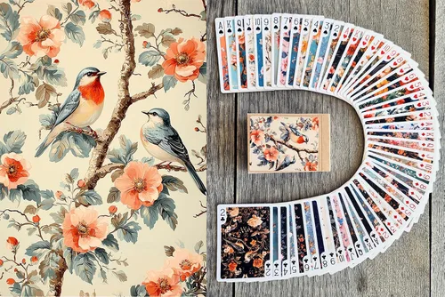 Baraja de póquer de aves pavos reales y flores en estilo vintage decorativo con patrones intrincados colores profundos y elegantes composiciones