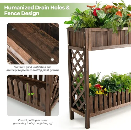 Vista 4 de S AFSTAR Cama de jardín elevada de 2 niveles, cama de flores para interiores y exteriores con valla de estante inferior, caja elevada de madera