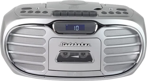 Vista 2 de Studebaker Retro Edge Big Sound Bluetooth Boombox con reproductor de CD/grabadora de cassette/radio estéreo AM-FM (plata/SB2150S)