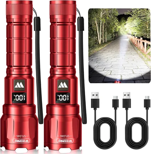 Vista 14 de WdtPro Linterna LED Recargable Paquete de 2, Linterna Táctica Súper Brillante con Zoom de 6000 Lúmenes con Pantalla Digital LCD, Linterna