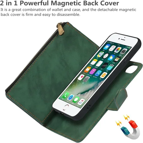 Vista 6 de iCoverCase Funda para iPhone SE (2022)/SE (2020)/7/8/6/6S con tarjetero y soporte para tarjetas, funda magnética desmontable de piel sintética