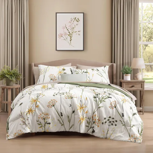 Vista 8 de CASAAGUSTO - Juego de edredón de 5 piezas, diseño floral verde, juego de ropa de cama en una bolsa, con edredón botánico con mariposas, sábanas
