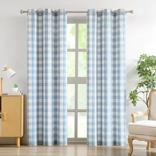 Vista 32 de Amzdecor Cortinas a cuadros de búfalo con ojales de 54 pulgadas de largo, cortinas texturizadas semitransparentes para sala de estar y dormitorio, 2