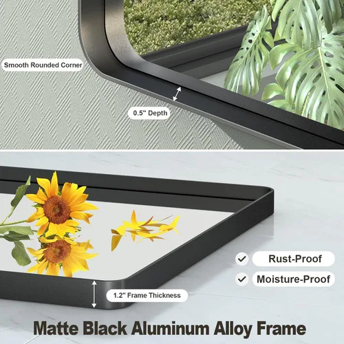 Vista 2 de Espejo rectangular para pared de baño de 20x30 pulgadas con marco negro mate, espejo de tocador con esquinas redondeadas, espejo de baño de metal