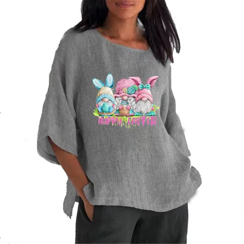 Moda Pascua Impreso Tee Tops Mangas Cuello Redondo Camiseta Blusa Verano Lino Camisetas Ropa Túnicas de Playa