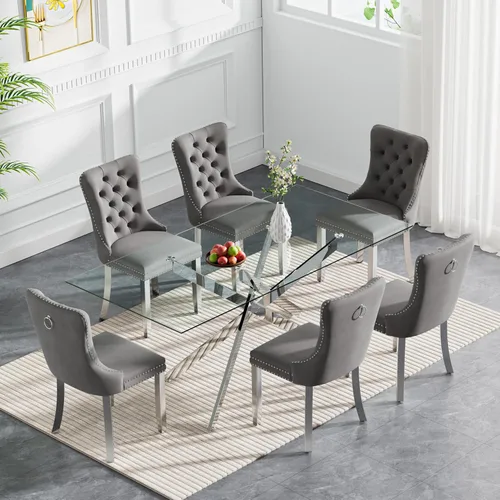 Vista 37 de Juego de 4 mesas de comedor modernas de 36 pulgadas, mesa de comedor redonda de vidrio templado y 4 sillas de comedor de terciopelo beige, mesa