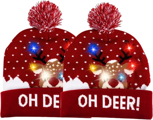 LED Christmas Hat Red, Light Up Christmas Hat Beanie Holiday Hat with Cute Deer