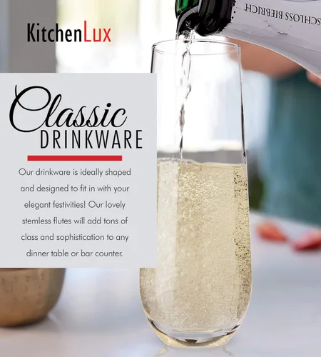 Vista 3 de Kitchen Lux Copas de champán sin tallo de 10 onzas, juego de 4 copas de champán, elegantes vasos altos, vidrio transparente de alta calidad, vino