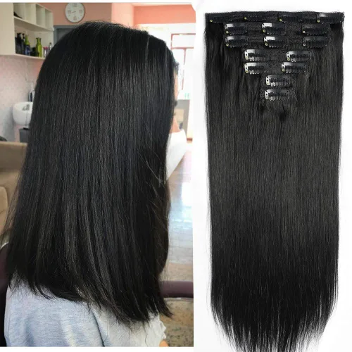 Vista 14 de Extensiones de cabello humano con clip de 14 pulgadas, 4.33 oz, 7 piezas, 16 clips, color marrón chocolate, doble trama, extensiones de cabello Remy