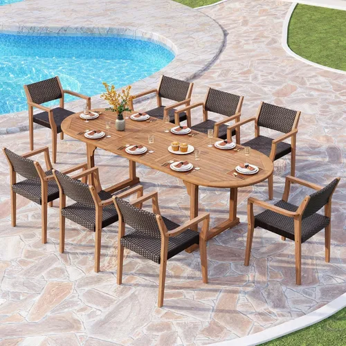Vista 10 de PHI VILLA Juego de comedor de madera de acacia de 7 piezas para 6, mesa y sillas de madera de teca expandibles, juego de muebles de granja grandes