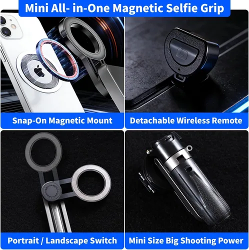 Vista 5 de Palo selfie magnético 4 en 1 para iPhone/Android, trípode extensible de rotación de 360° con clip de teléfono desmontable y control remoto, trípode