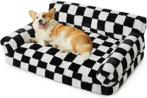 Vista 8 de BFPETHOME Sofá cama para gatos y perros, sofá para mascotas pequeñas, bonito sofá para gatos, cama para perros a cuadros con funda lavable