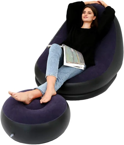 Vista 6 de Sofá inflable de ocio y reposapiés plegable al aire libre, tumbona sofá flocado (caqui)
