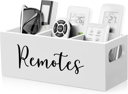 DRASTAR Soporte para control remoto, soporte para control remoto de TV, organizador remoto para mesa, caja de madera para mesita de noche, Blanco