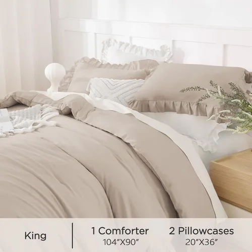 Vista 205 de Andency - Edredón beige con volantes tamaño individual, de 2 piezas, estilo rústico shabby clásico para niños, ligero y suave de microfibra