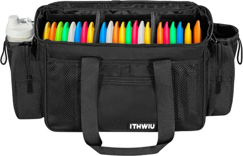 Vista 6 de Bolsa de almacenamiento de disco de golf duradera de gran capacidad con divisores y múltiples bolsillos laterales, color negro