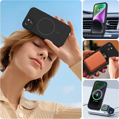 Vista 6 de Miracase Funda diseñada para iPhone 14 Plus con protector de pantalla, protección mejorada de la cámara, funda de silicona líquida a prueba de Negro