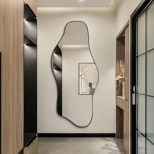 Vista 17 de Espejo irregular sin marco, 35.8 x 17.7 pulgadas, espejos de pared asimétricos decorativos, modernos espejos abstractos de vidrio templado para sala