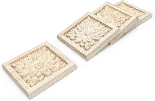 Vista 4 de 10 piezas decorativas de madera tallada con flores onlays, 2.4 x 2.4 pulgadas sin pintar, calcomanía cuadrada de madera maciza sin pintar