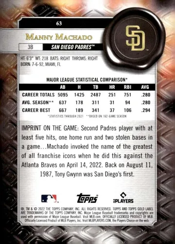 Vista 2 de 2022 TOPPS GOLD LABEL CLASS 1#63 MANNY MACHADO SAN DIEGO PADRES BASEBALL OFFICIAL TRADING CARD OF MLB
