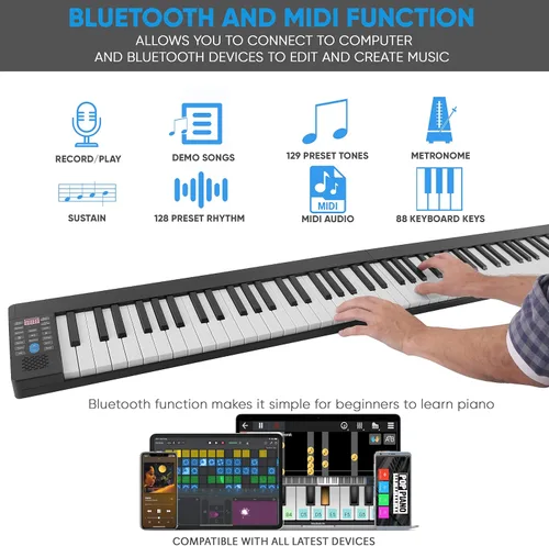 Vista 6 de Pyle PKBRD8100 - Piano de teclado eléctrico de 88 teclas, teclado digital plegable portátil con Bluetooth, 128 ritmos/tonos, teclas semipesadas
