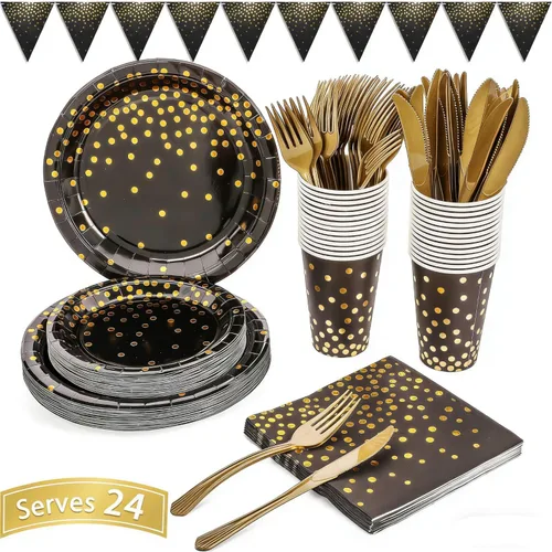 Suministros de fiesta negros y dorados, 145 platos de papel, servilletas, cuchillos, tenedores, vasos, pancartas, para víspera de Año Nuevo 2026,