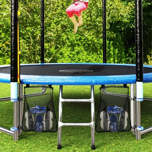 Vista 7 de Bolsa de 2 piezas para zapatos de trampolín, bolsa de malla de almacenamiento de trampolín negro con 2 correas de gancho y bucle, soporte