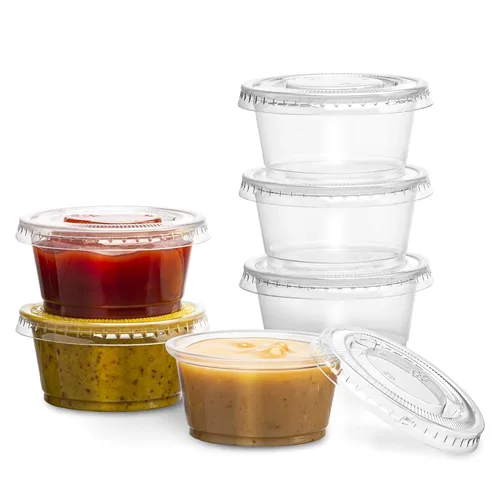 Vista 12 de Tazas de plástico transparente desechables para porciones, con tapa PlastiMade - Tazas desechables para condimentos, vasos para salsa/ aderezo