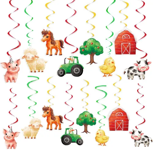 WERNNSAI Decoraciones Colgantes de Remolino de Animales de Granja - 16 Piezas de Remolinos Colgantes de Papel de Aluminio para Techo, Suministros