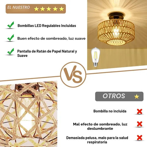 Vista 10 de Lámpara bohemia para techo, lámpara de techo de ratán con bombilla LED regulable, mini lámpara de araña tejida a mano para pasillo, dormitorio Gris