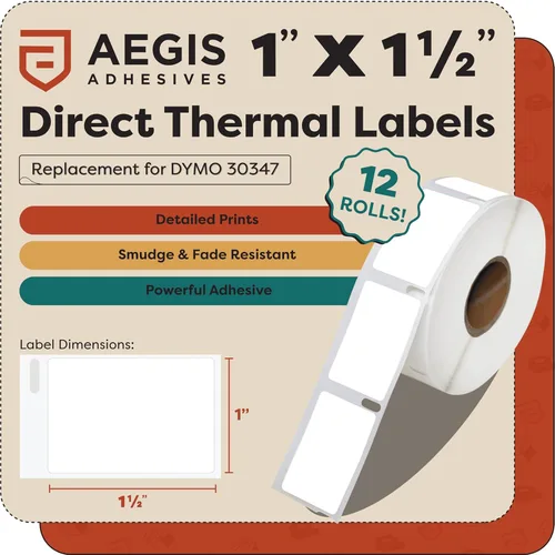 Vista 2 de Aegis Adhesives - Reemplazo para DYMO 30347 (12 rollos, 9000 etiquetas) Etiquetas térmicas directas de código de barras y lomo de libro de 1" x 1