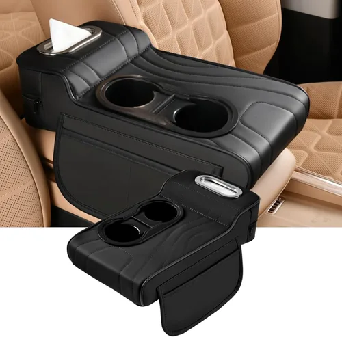 Vista 7 de Funda de consola central para automóvil, funda de cuero de microfibra para reposabrazos de automóvil con 2 soportes para tazas, accesorios