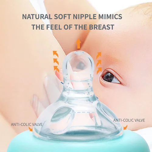 Vista 3 de Biberón de cuello ancho de cristal, más cerca de la lactancia, pezón de flujo lento, anticólicos, 4 onzas, 2 unidades (azul)