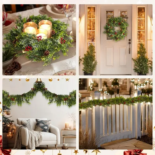Vista 6 de 2 guirnaldas artificiales de pino Norfolk de 6 pies, guirnalda de Navidad de invierno de tacto real, guirnalda verde artificial para mesa, repisa